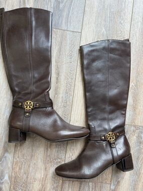 Brown Leather Tall Riding Boots with Gold Logo Accent